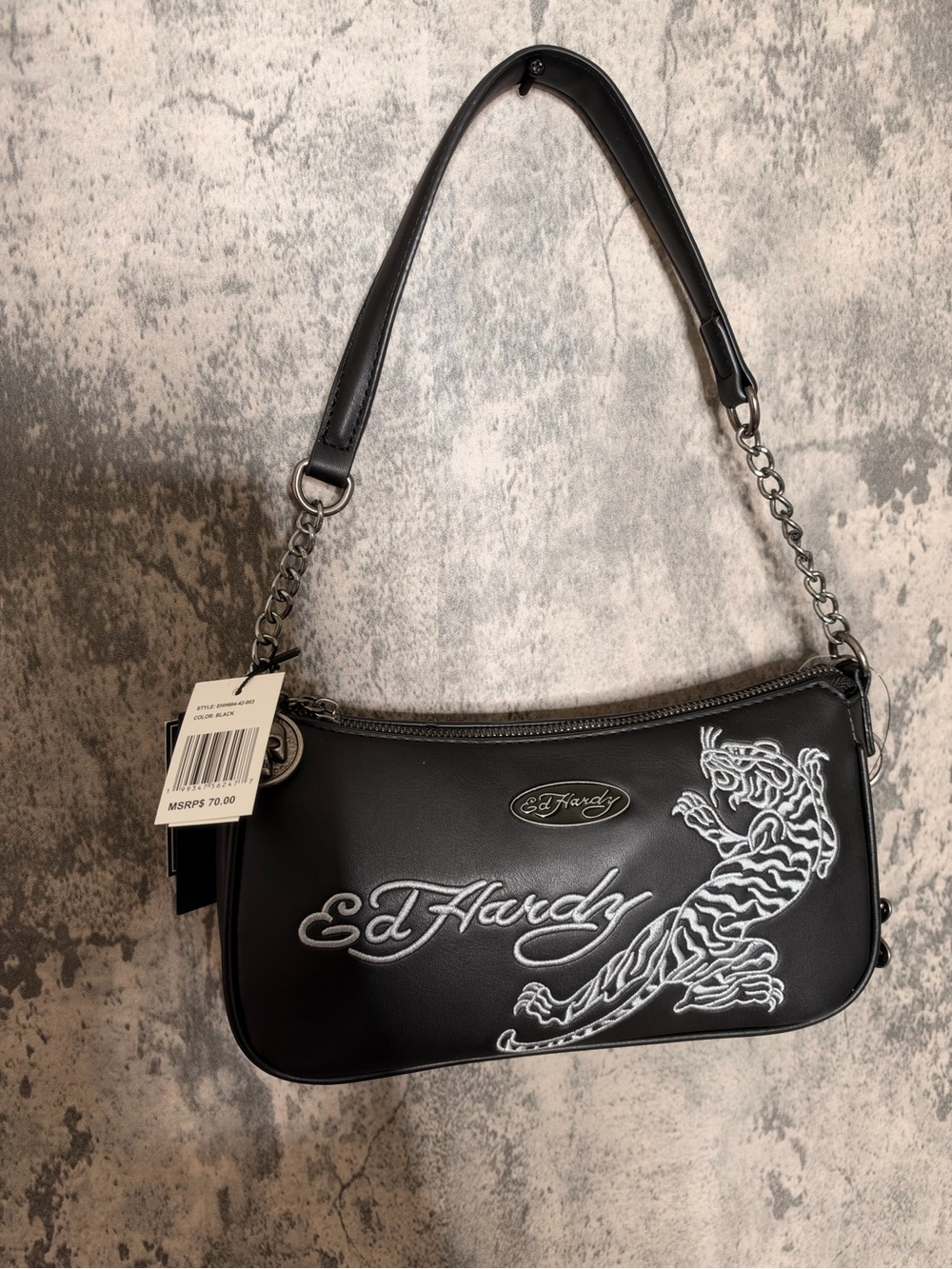 Ed Hardy Black Shoulder Bag with White Tiger Embroidery